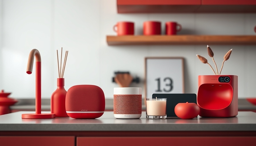 Stylish smart kitchen gadgets arranged in shades of red.