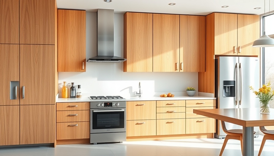 Modern kitchen with sleek wood cabinets and appliances, All Woods, One Price.