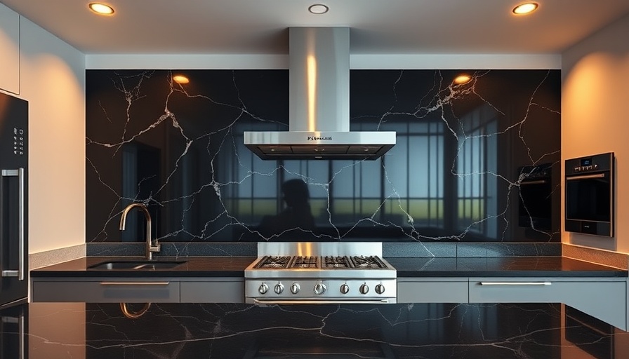 Sleek modern kitchen with black marble backsplash design, stainless steel elements.