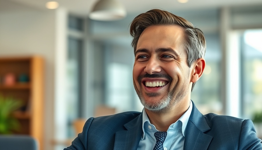 Smiling man discussing psoriasis treatment innovations via video.