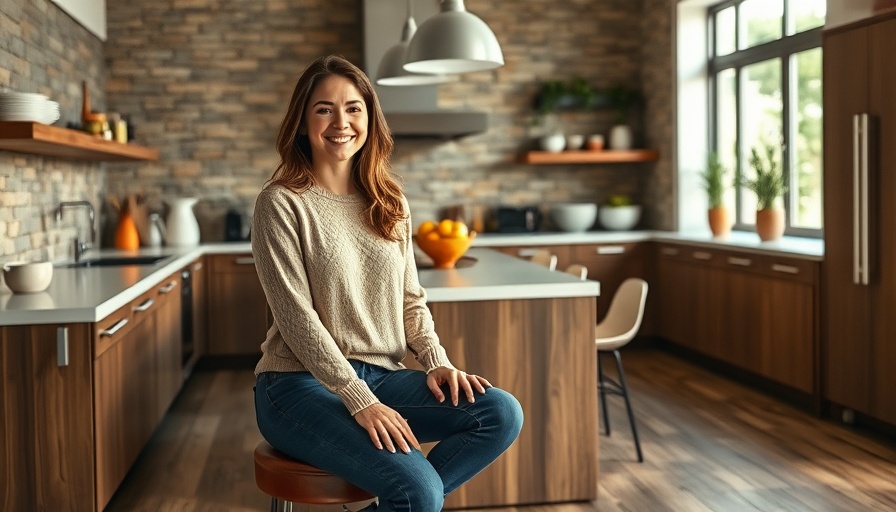 Smiling woman in modern kitchen discussing social media strategy for kitchen design.