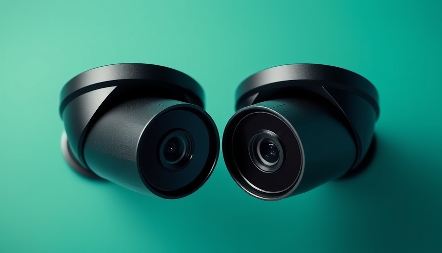 Sleek home security cameras against a green-blue gradient background.