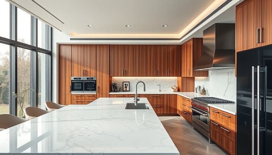 Modern luxury kitchen design with marble and wood elements.