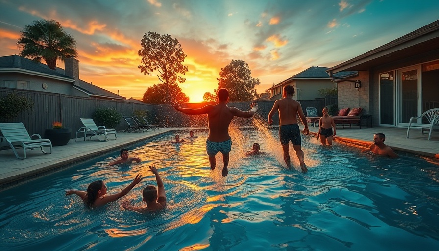 Backyard pool during sunset with people enjoying, exemplifying home living near family.