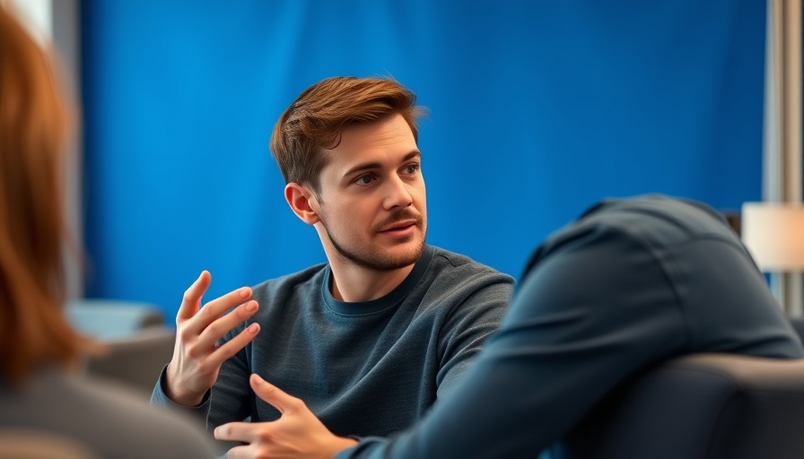 Young man discussing premium human interaction in technology, seated against a blue backdrop.