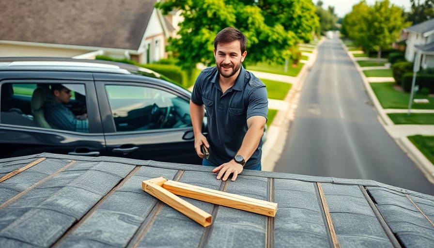 Roofing challenges in suburban neighborhood, person with car and tools.