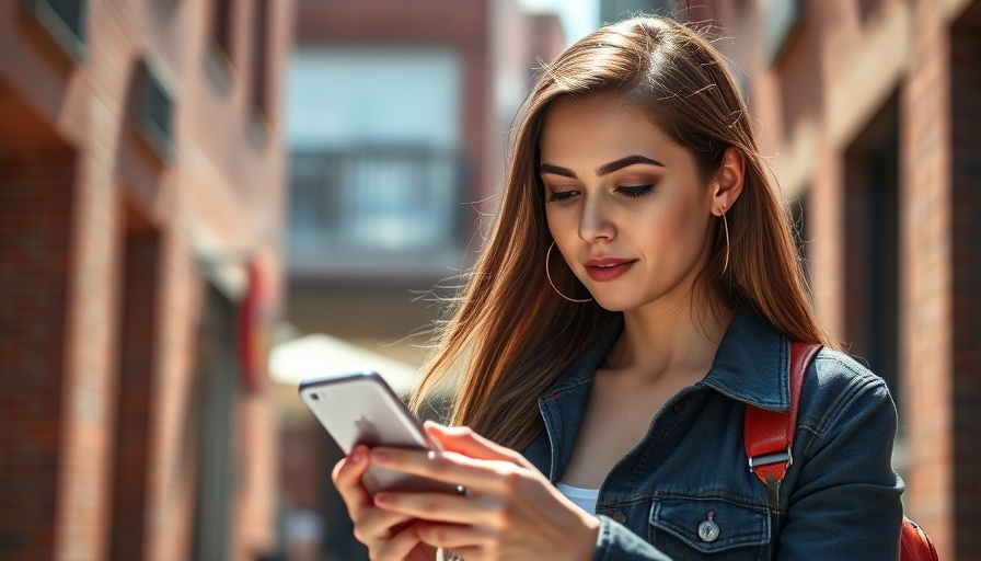 Casual woman focused on her phone in bright urban setting.