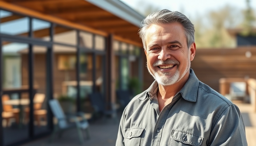Smiling man promoting home improvement and cost savings.