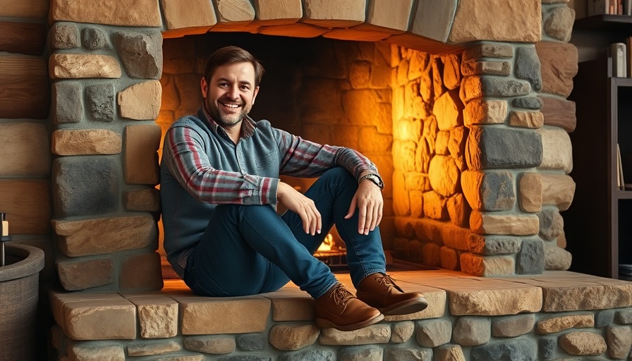 Man sitting by stone fireplace discussing, hidden puppy.
