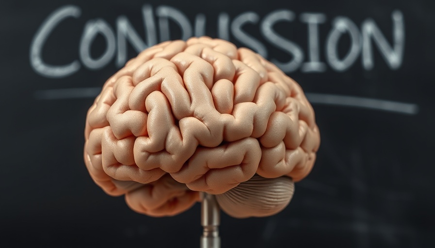 Human brain model with 'Concussion' on chalkboard, highlighting concussions and suicide risk in youth.