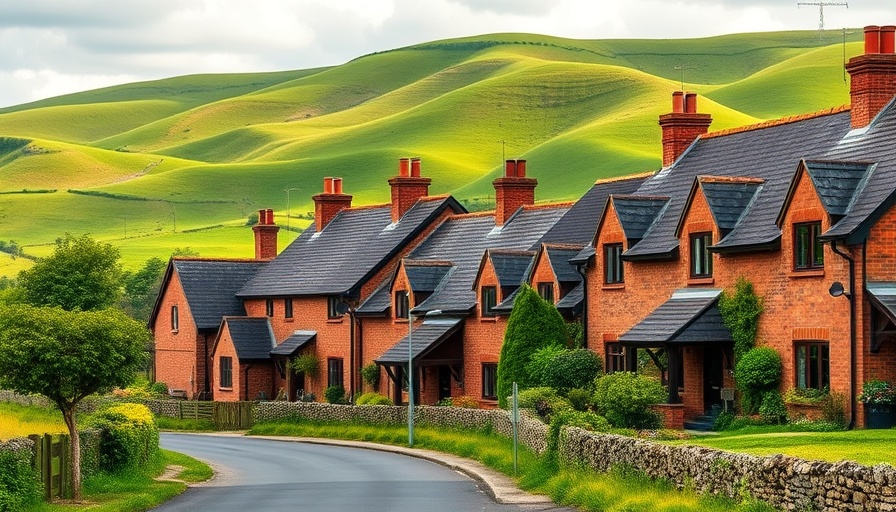 Charming brick homes with scenic rural backdrop and greenery.