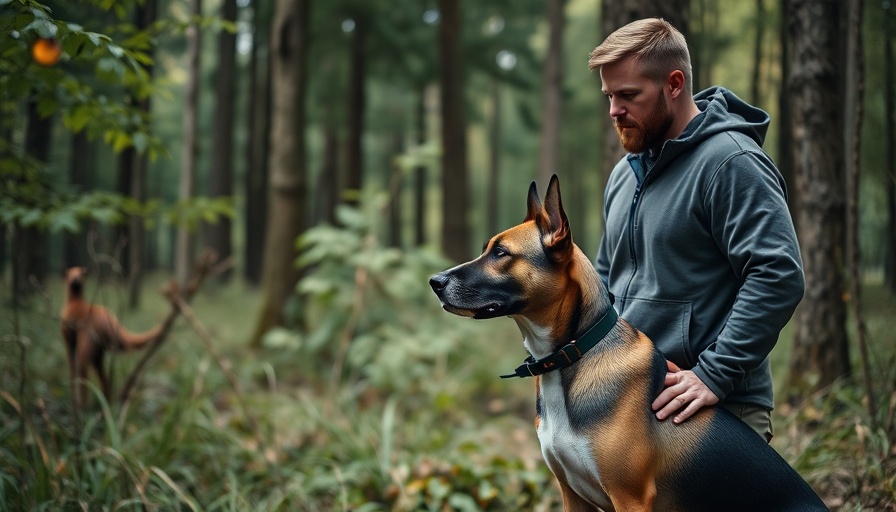 Dog trainer with a calm dog in a wooded area, focusing on training