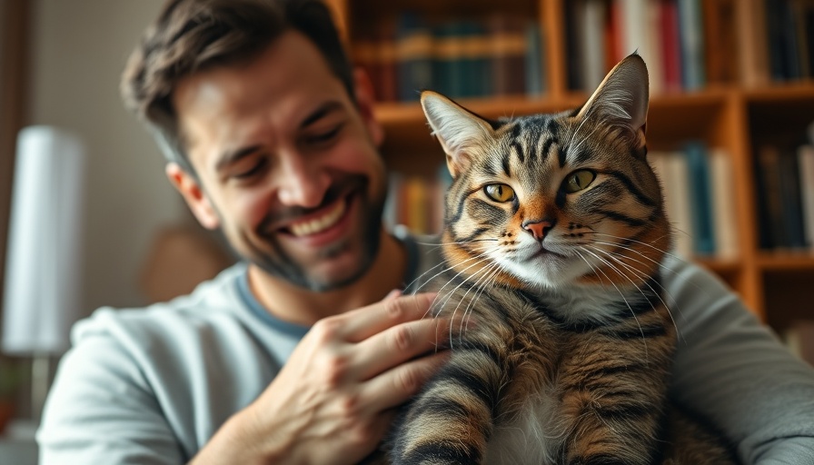 Man checking cat's whiskers as a pain indicator, cozy setting.