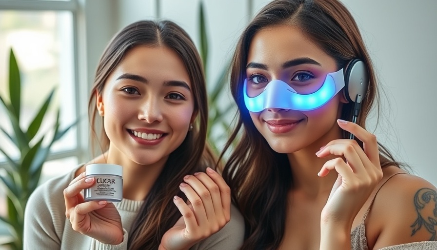 Women display skincare and LED mask for acne treatment indoors.