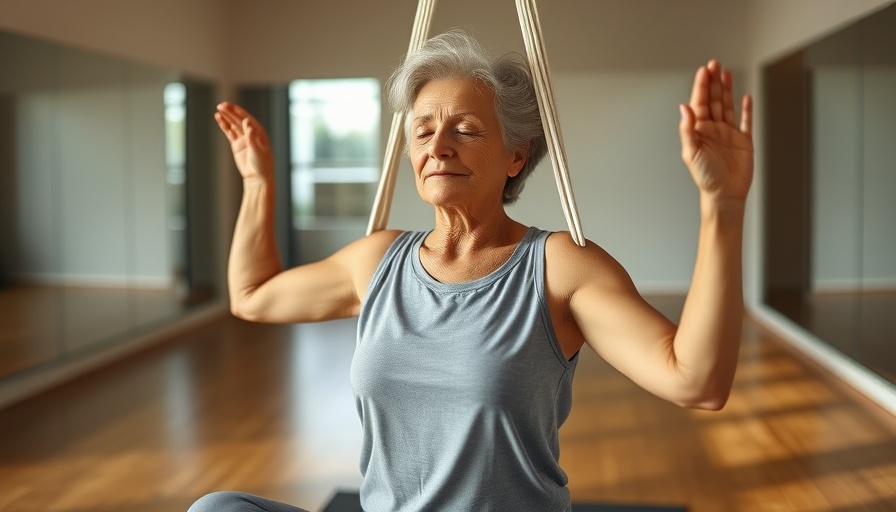 Older woman practicing aerial yoga for joint pain relief in studio