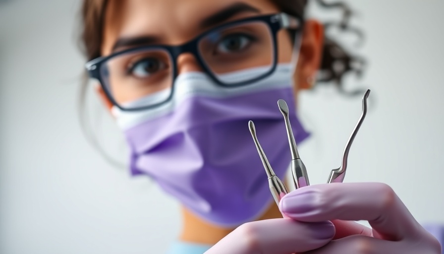 Dental professional in a purple mask holding tools, highlighting purple as the color of dental hygiene.