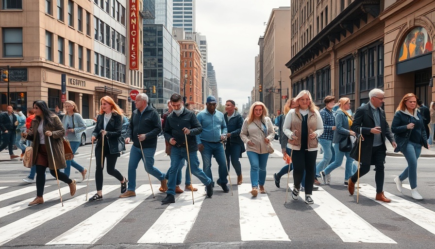 Group crossing street for Blindness Awareness Month.