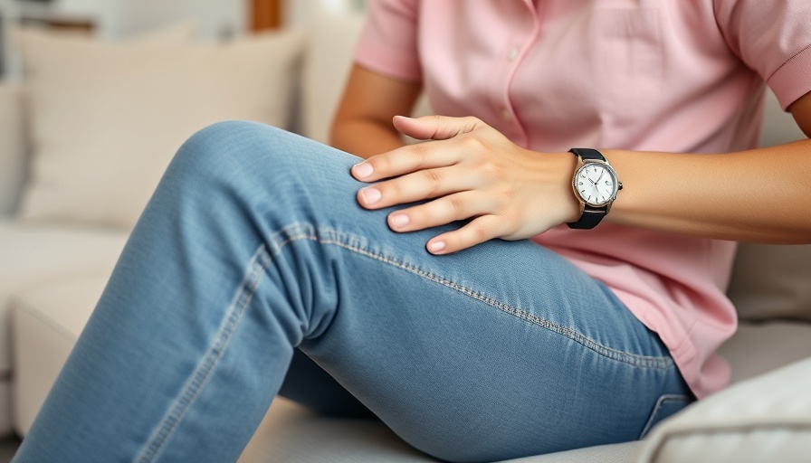 Person massaging knee for pain management on a sofa.
