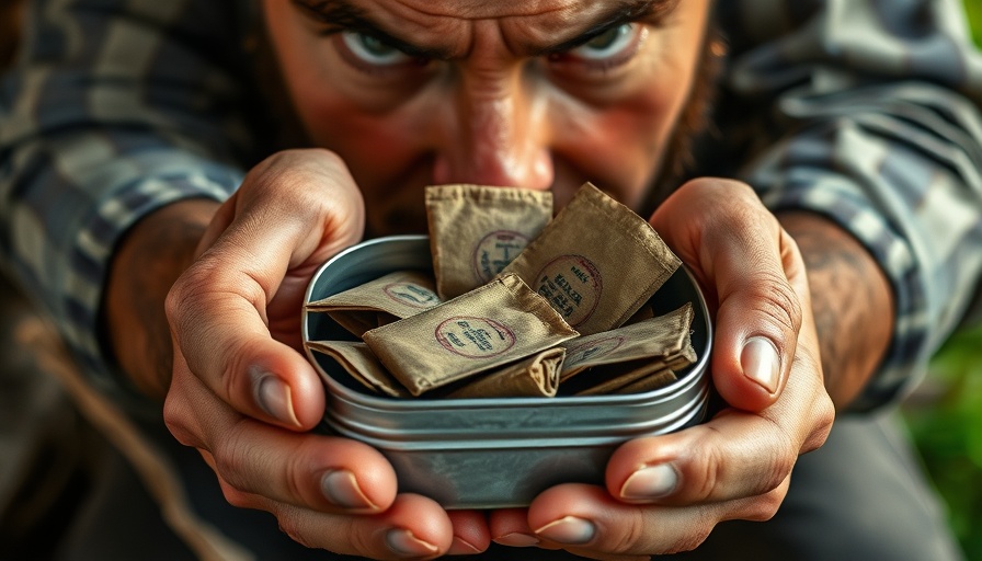 Close-up of hands holding tobacco pouches, highlighting smoking impact on skin aging.