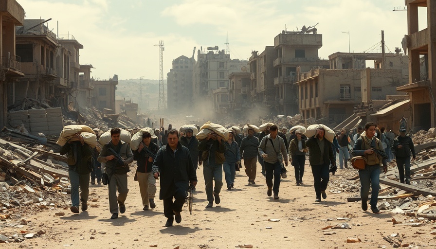 People walking through rubble in a war-torn city; Hamas hostages return.