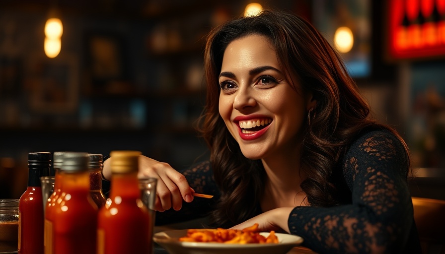 Smiling woman in hot sauce challenge, Hot Ones Challenge scene.