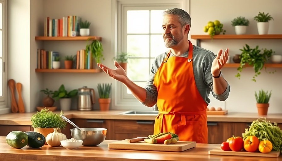 Chef in orange apron cooking in a modern kitchen