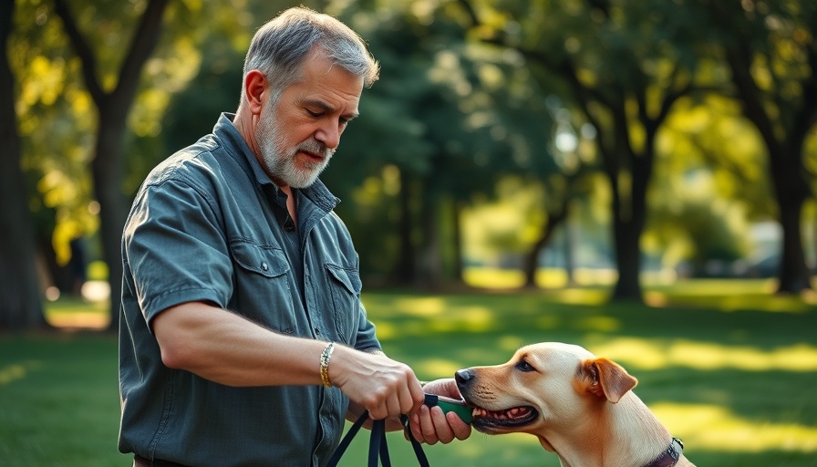 Pet training 'Stay' command demonstration outdoors.