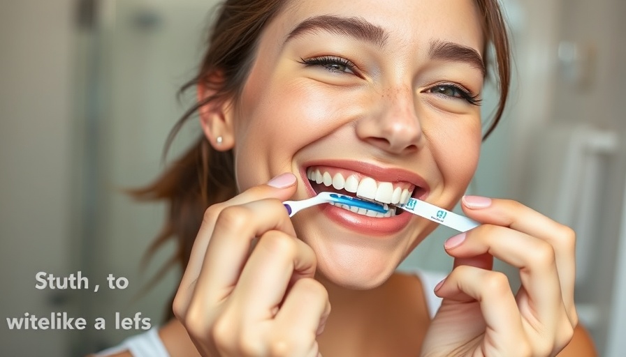 Woman demonstrating how to use teeth whitening strips in a bathroom.