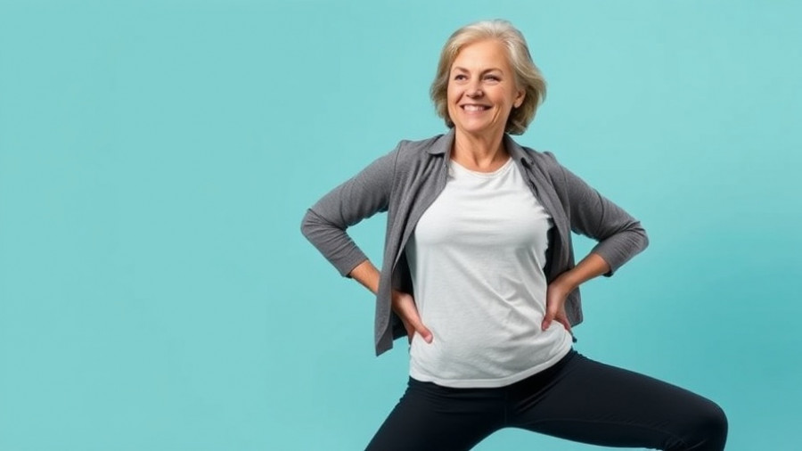 Woman demonstrating stretches for tight hips against teal background.