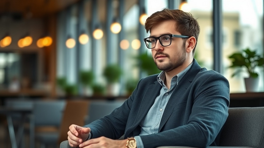 Young man discussing Visual Snow Syndrome with glasses in a modern setting.