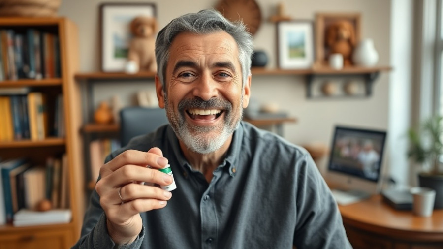 Middle-aged man holding natural painkiller with a black poodle; cozy home setting.