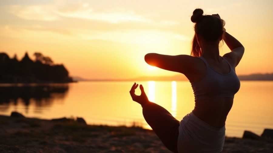 Yoga knee pain relief exercise by lakeside at sunset.