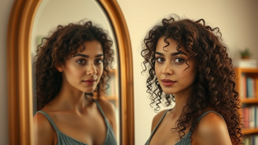 Young woman reflecting in mirror to improve self-esteem.