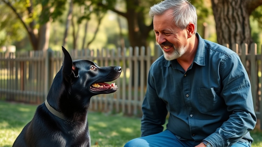Man communicating with his dog in a park setting.