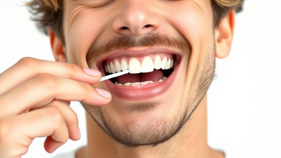 Young man practicing dental hygiene by flossing teeth.
