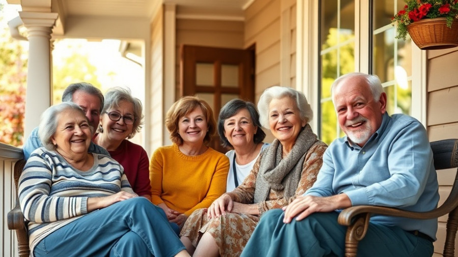 Happy diverse group of older adults sitting on a porch, smiling.