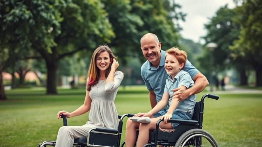 Smiling family enjoying time outside in a park, Osteogenesis Imperfecta treatment.