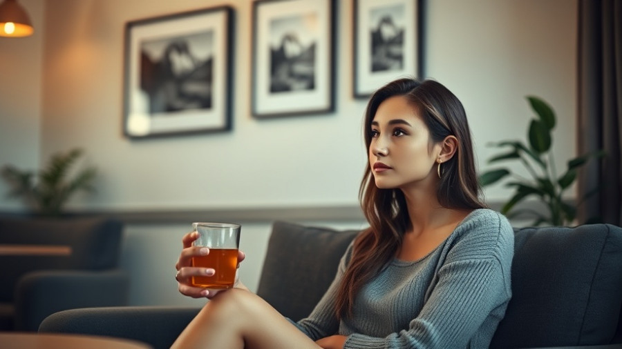 Contemplative young woman reflecting with beverage.