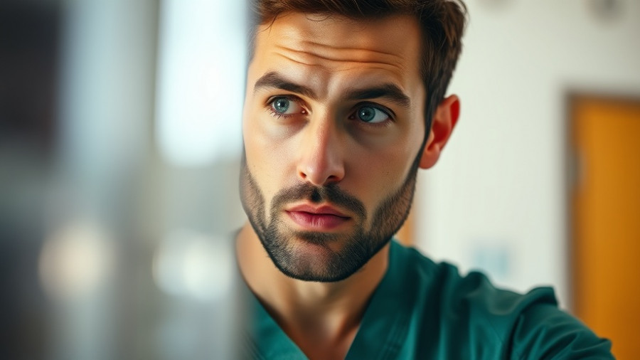 Man in green scrub, engaged expression, soft natural light
