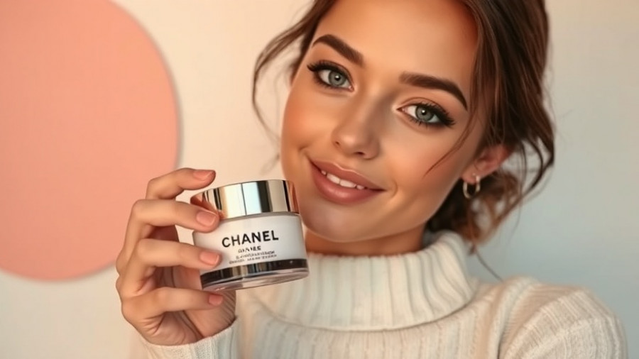 Woman holding Chanel cream against pastel background.