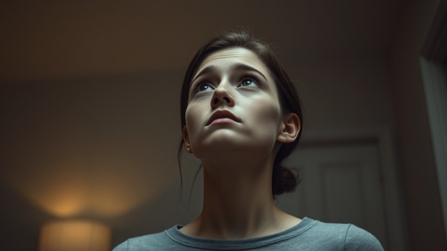 Concerned young woman contemplating inside a dimly lit room.