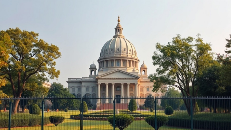 Dominant domed structure amidst greenery, representing architectural significance.