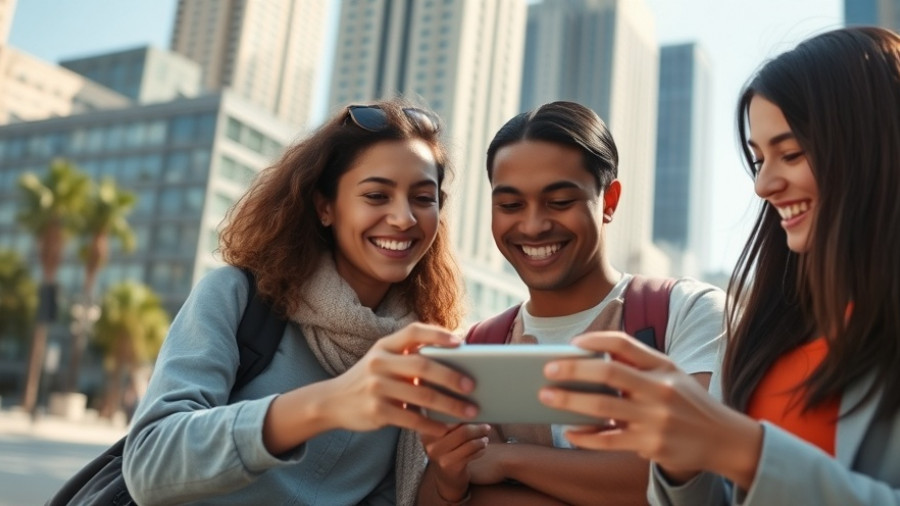 Two friends play 'Guess That Celebrity Smile' on a phone outdoors.