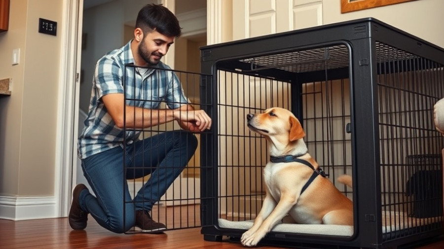 Man teaching dog crate manners indoors with focused attention.