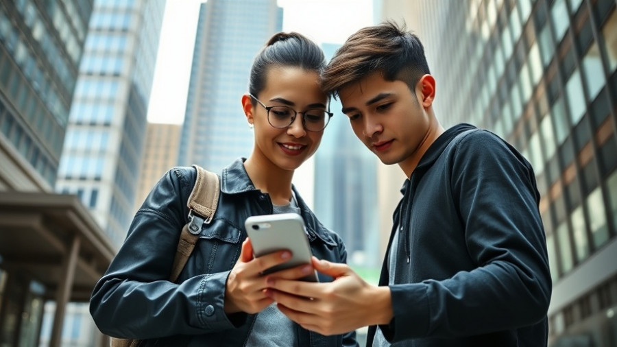 Young woman and man checking phone outdoors, 'guess the celebrity smile' activity.