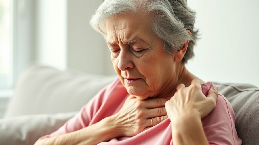 Elderly woman holding shoulder, illustrating osteoporosis risk factors.