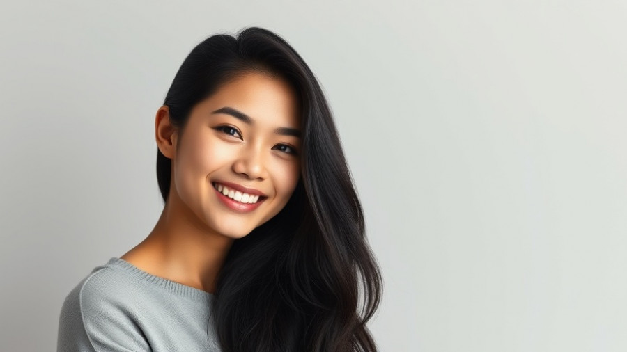 Young woman with long black hair smiling in a studio setting.