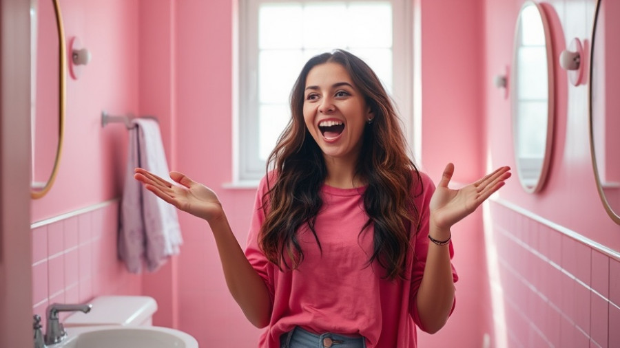 Young woman in a pink-themed bathroom with crazy bathroom designs.