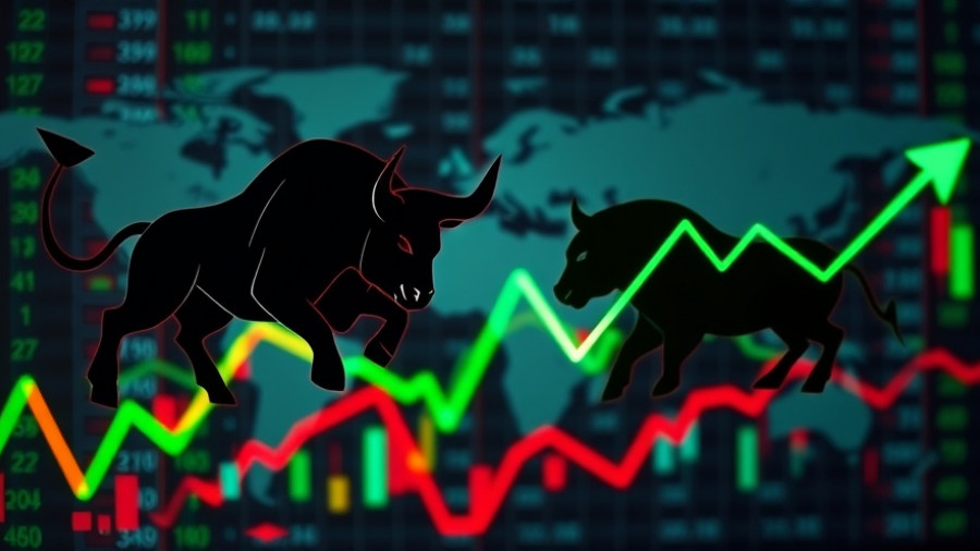 Bull and bear market symbols with buy/sell arrows showing stock dynamics.