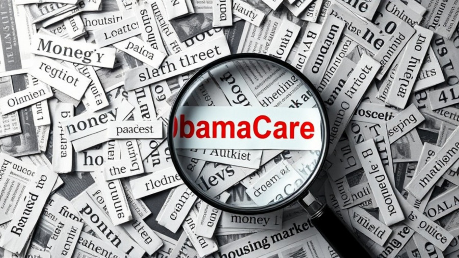 Magnifying glass highlights 'ObamaCare' among newspaper clippings.